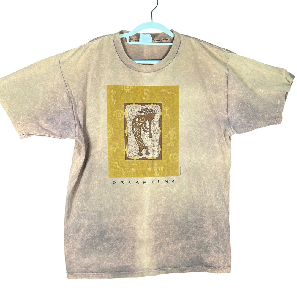 Dreamtime Kokopelli Graphic T-Shirt Mens L Brown Mineral Wash Distressed Vintage
